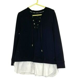 Calvin Klein Black Lace-up Gold Grommet‎ Knit Top Exposed Layered Shirt Tail XL